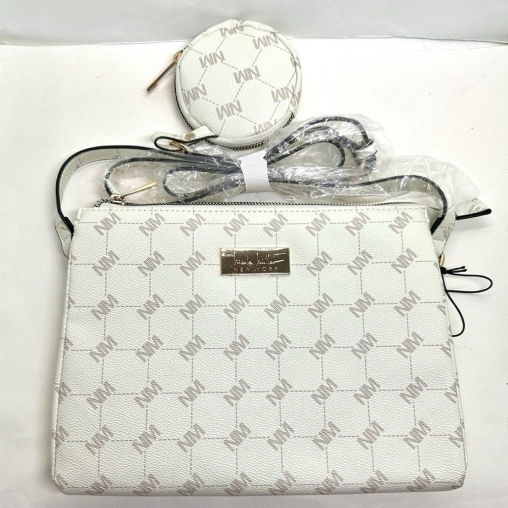 CLEARANCE! Nicole Miller 2-Piece Bag Set, Bone, Bag: 10×8×2.5, Pouch: 4×1, NWT - Picture 1 of 7